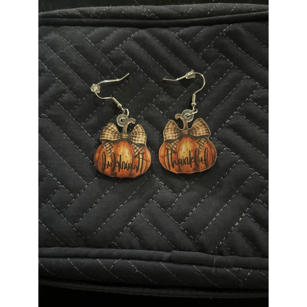 Pumpkin Earrings Thankful‎ Fall Autumn Bow Dangle Drop Plaid Thanksgiving
